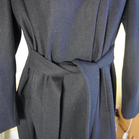 Retro Wool Coat Women Sz M Black Belted Wrap Style Knee Length Wide Collar - Picture 2 of 12